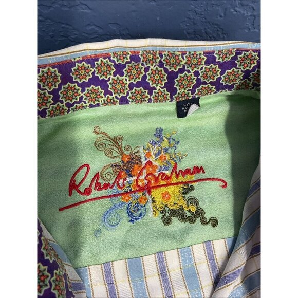 Robert‎ Graham Mens size LG  Long sleeve Blue Striped Shirt contrast cuff - Picture 6 of 9